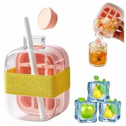 Ice Cube Maker Water Bottle Easy Press Release With Lid Ice Bin & Straw