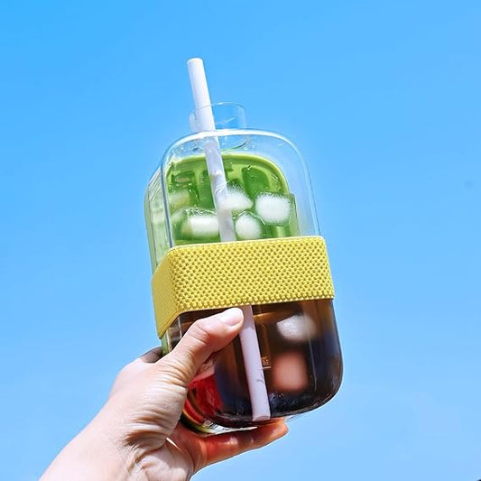 Ice Cube Maker Water Bottle Easy Press Release With Lid Ice Bin & Straw
