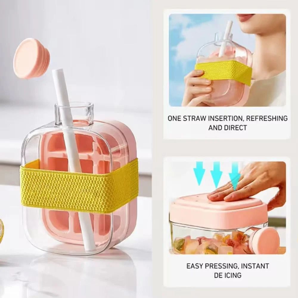 Ice Cube Maker Water Bottle Easy Press Release With Lid Ice Bin & Straw