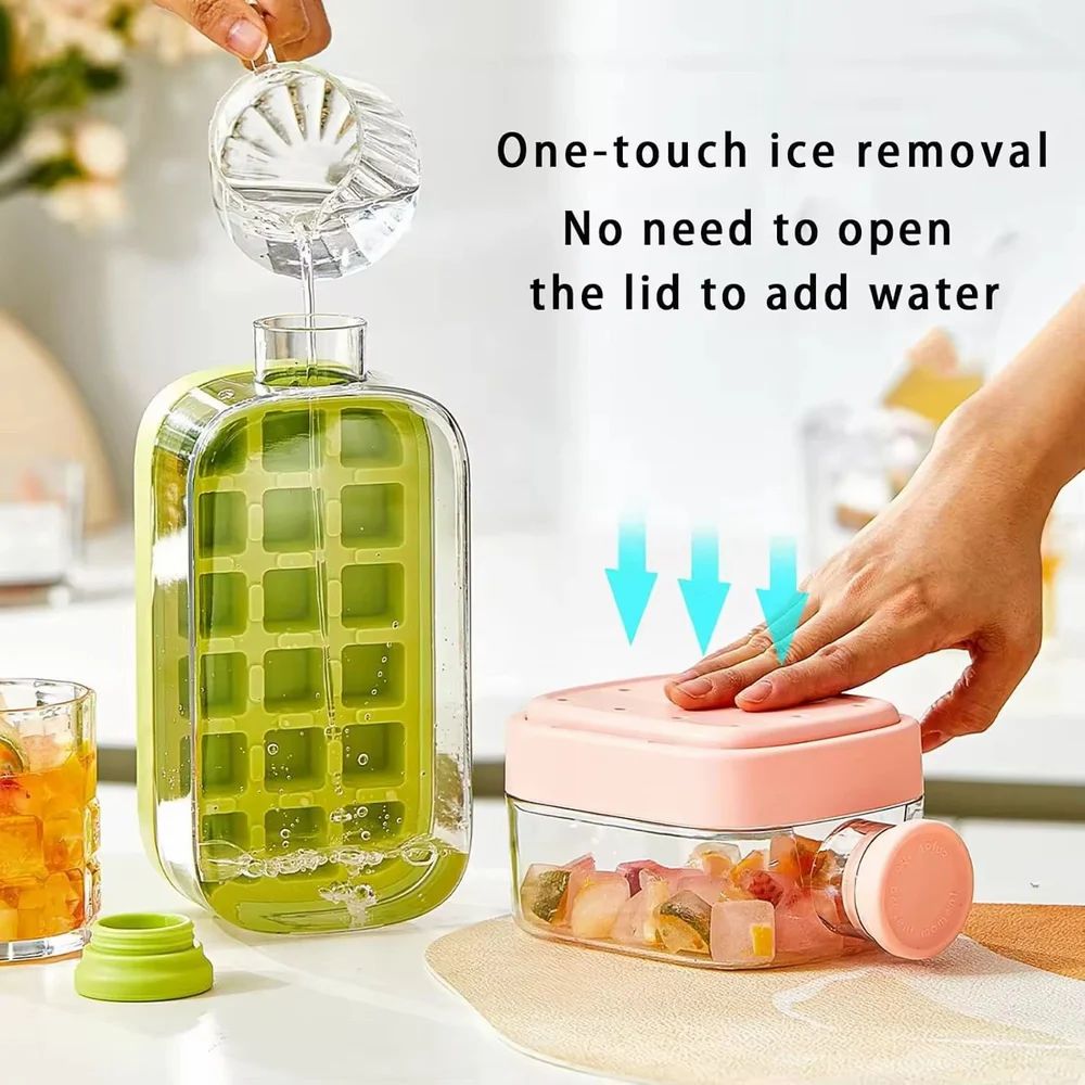 Ice Cube Maker Water Bottle Easy Press Release With Lid Ice Bin & Straw
